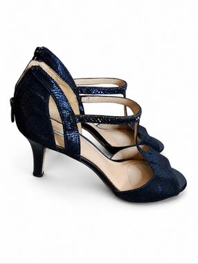 Alex Marie Navy Textured Strappy Heeled Sandals Open Toe Zip Back Shoes 11